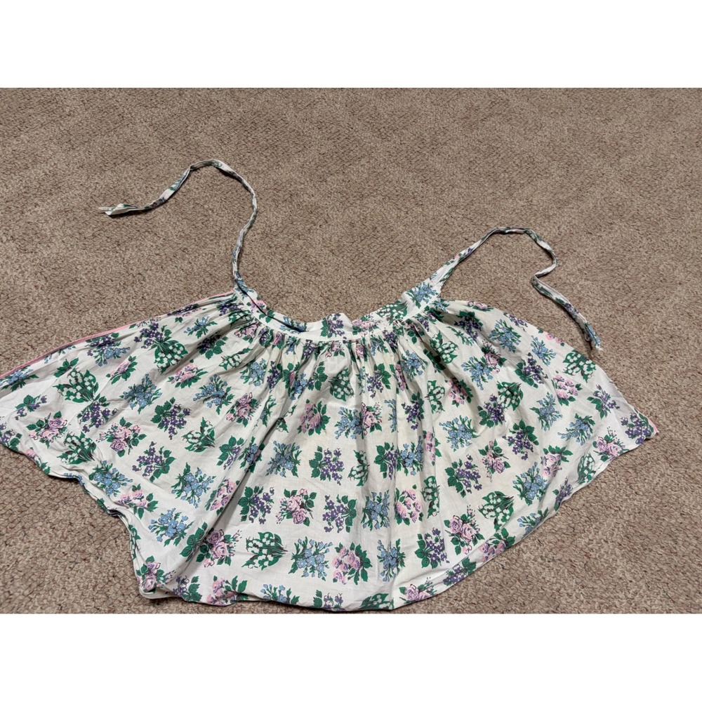 Vintage Floral Cotton Half Apron Handmade Retro Cottagecore White Purple Blue